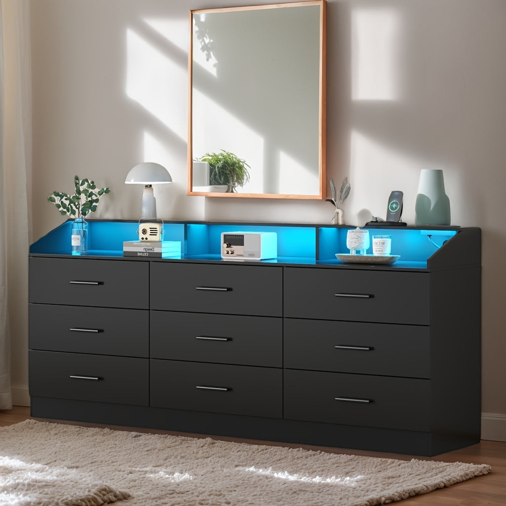 [Home Relaxation] Modern White 9-Drawer Double Dresser with LED Lighting & Power Outlet – Stylish Bedroom and Closet Organizer, Spacious Storage for Home, Perfect for Makeup, Accessories, and Personal Items, Bedroom Organizer | Minimalist Design | Integrated Power Outlet, Bedroom Decor And Accessories, Storage Drawer Units