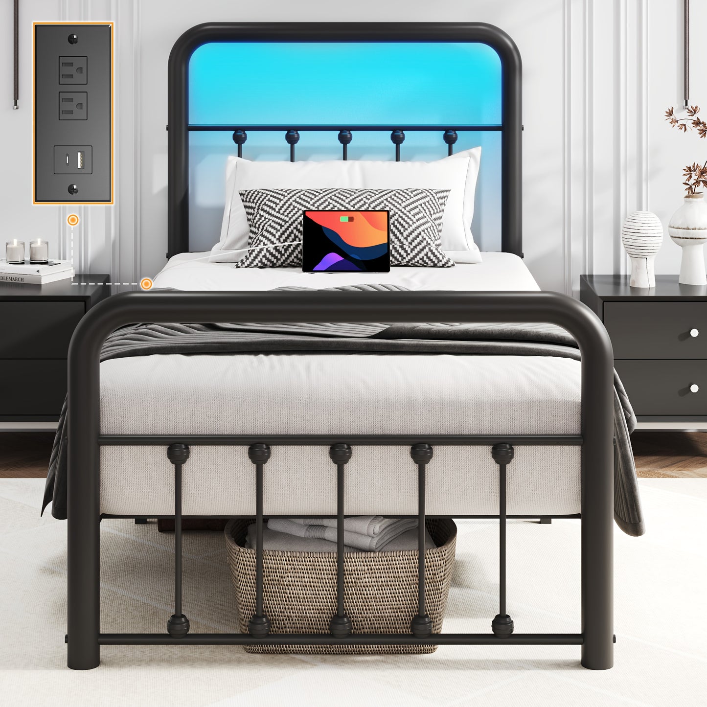 [Victorian Bed Frame] Classic Metal Platform Bed Frame Mattress Foundation with Victorian Style Iron-Art Headboard And Footboard/Under Bed Storage/No Box Spring Needed/Twin & Full & King Size, Bedroom Storage Solution, Underbed Organization System, Victorian Bed Frame, Iron Art Headboard Bed, Victorian Style Furniture, Classic Metal Design, Heavy-Duty Foundation, Durable Bed Frame, Small Space Dwellers, Apartment Renters