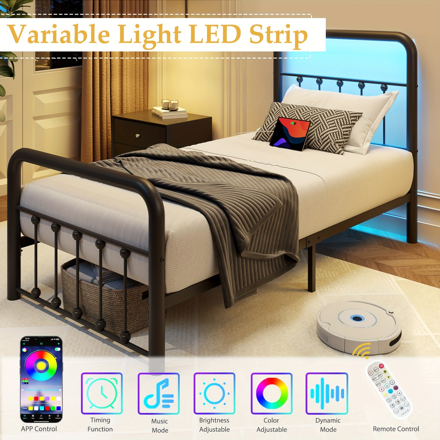 [Victorian Bed Frame] Classic Metal Platform Bed Frame Mattress Foundation with Victorian Style Iron-Art Headboard And Footboard/Under Bed Storage/No Box Spring Needed/Twin & Full & King Size, Bedroom Storage Solution, Underbed Organization System, Victorian Bed Frame, Iron Art Headboard Bed, Victorian Style Furniture, Classic Metal Design, Heavy-Duty Foundation, Durable Bed Frame, Small Space Dwellers, Apartment Renters