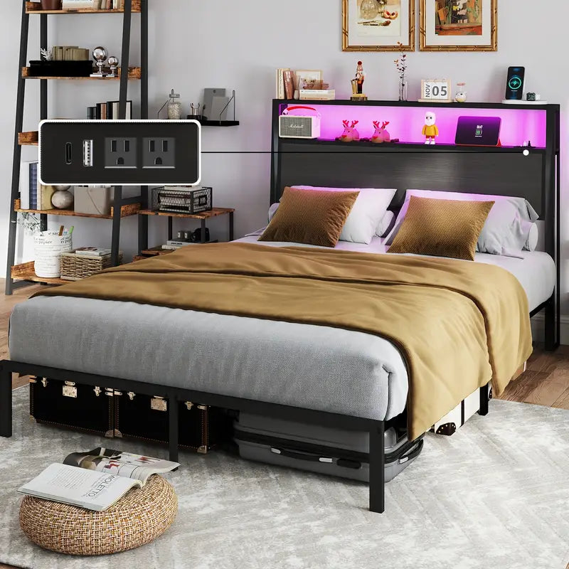 Full Queen King Size Bed Frame with Headboard, Metal Platform Bed Frame with LED Lights & Charging Station, Under Bed Storage, Solid And Stable, No Box Spring Needed, Noise Free, Easy Assembly, Dark Grey