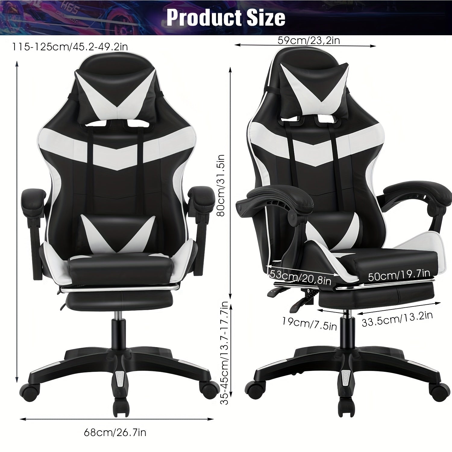 Gaming Chair With Footrest Office Desk Chair Ergonomic Gaming Chair PU Leather Reclining High Back Adjustable Swivel Lumbar Support Racing Style E-Sports Video Gamer Chairs