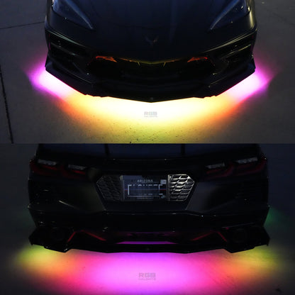 a black sports car with a customized rear bumper and a set of LED lights that are turned on, creating a colorful glow around the vehicle.