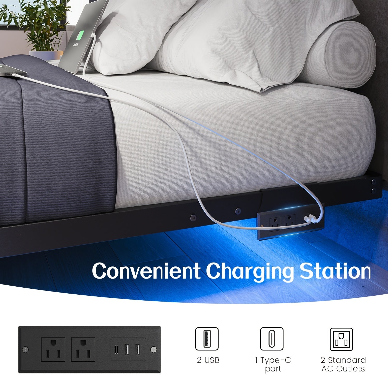 Dayago Queen Size Floating Bed Frame with USB Charging Station & Blue LED - Heavy-Duty Metal Platform Bed, No Box Spring Needed, Low-Profile Modern Bed Frame for Queen Beds, Easy Assembly ( Plug)