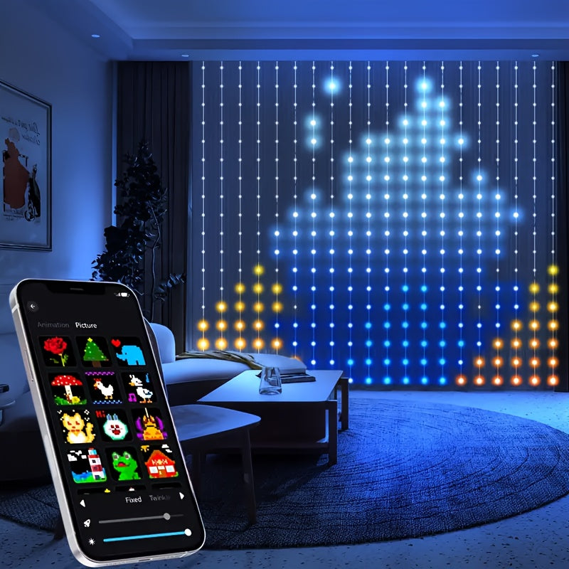 Intelligent APP-controlled Curtain Lights, Multiple Patterns Available, Letters, Numbers, Music Rhythms. Smart Lighting Decorations Suitable For Decorating Bedrooms, As Well As For Christmas, Halloween, Weddings, Parties and Other Festive Occasions
