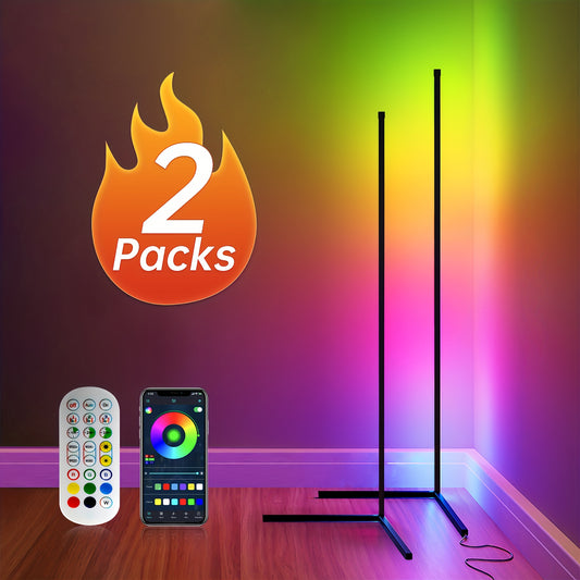 LED 1/2 Set Corner Floor Lamp - 16 Million Color Changing, RGB Smart Modern Light (Adjustable 56 Inches Approximately 142cm) with Remote Control and APP Control, USB Powered, Four Modes Sync to Music for Game Room, Living Room Office & Party Decorat