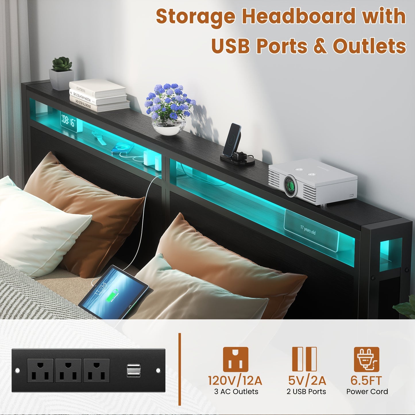 Homieasy LED Bed Frame with Headboard and Charging Station, Industrial Style Metal Platform Bed, Steel Plate Support, No Spring Bed, Noiseless, Easy to Assemble, Black