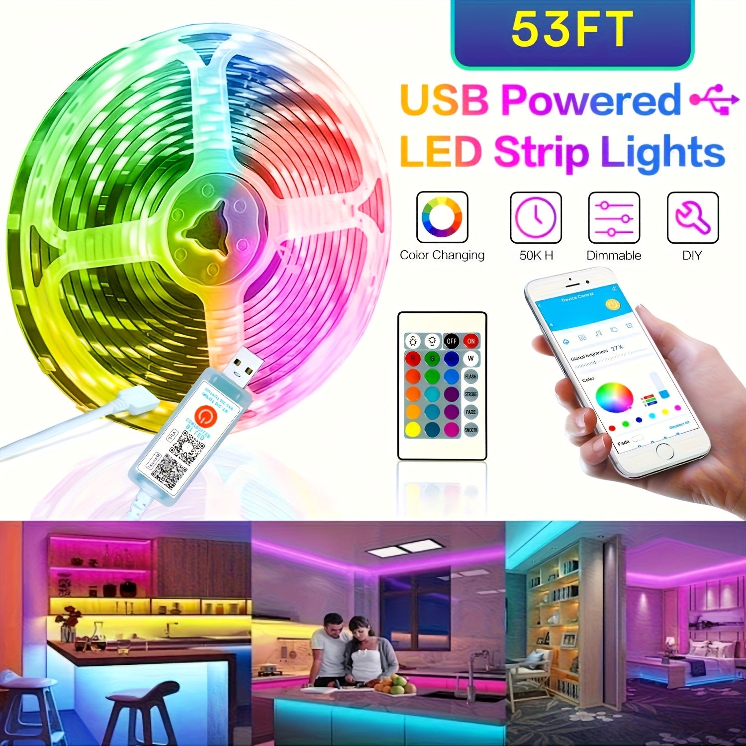 25/50/53/100/130/200FT Extra Long Smart Led Strip Lights, RGB LED Lights With App And Remote Control, Timing&dimmable, Music Sync Color Changing Lights, DIY, Bedroom, Living Room, Game Room, Room Decor