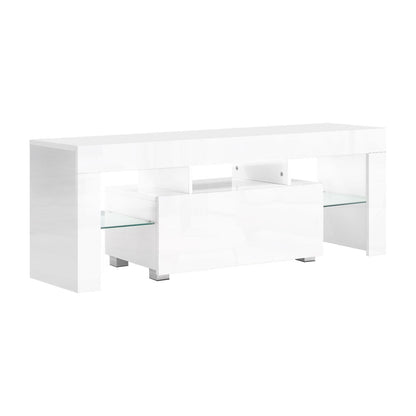 RGB LED TV Stand - Modern Entertainment Unit With Tempered Glass Shelves & Handle-Free Drawer