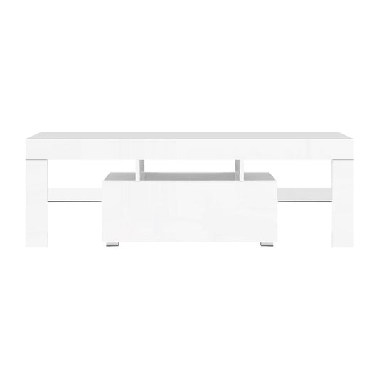 RGB LED TV Stand - Modern Entertainment Unit With Tempered Glass Shelves & Handle-Free Drawer