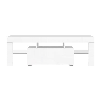 RGB LED TV Stand - Modern Entertainment Unit With Tempered Glass Shelves & Handle-Free Drawer