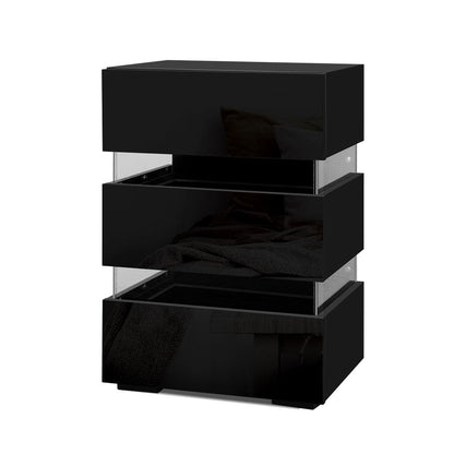 LED Bedside Table - Modern Side Unit With RGB LED Lamp & 3 Drawer Storage
