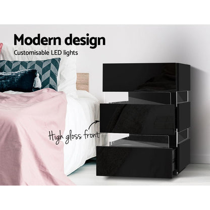 LED Bedside Table - Modern Side Unit With RGB LED Lamp & 3 Drawer Storage