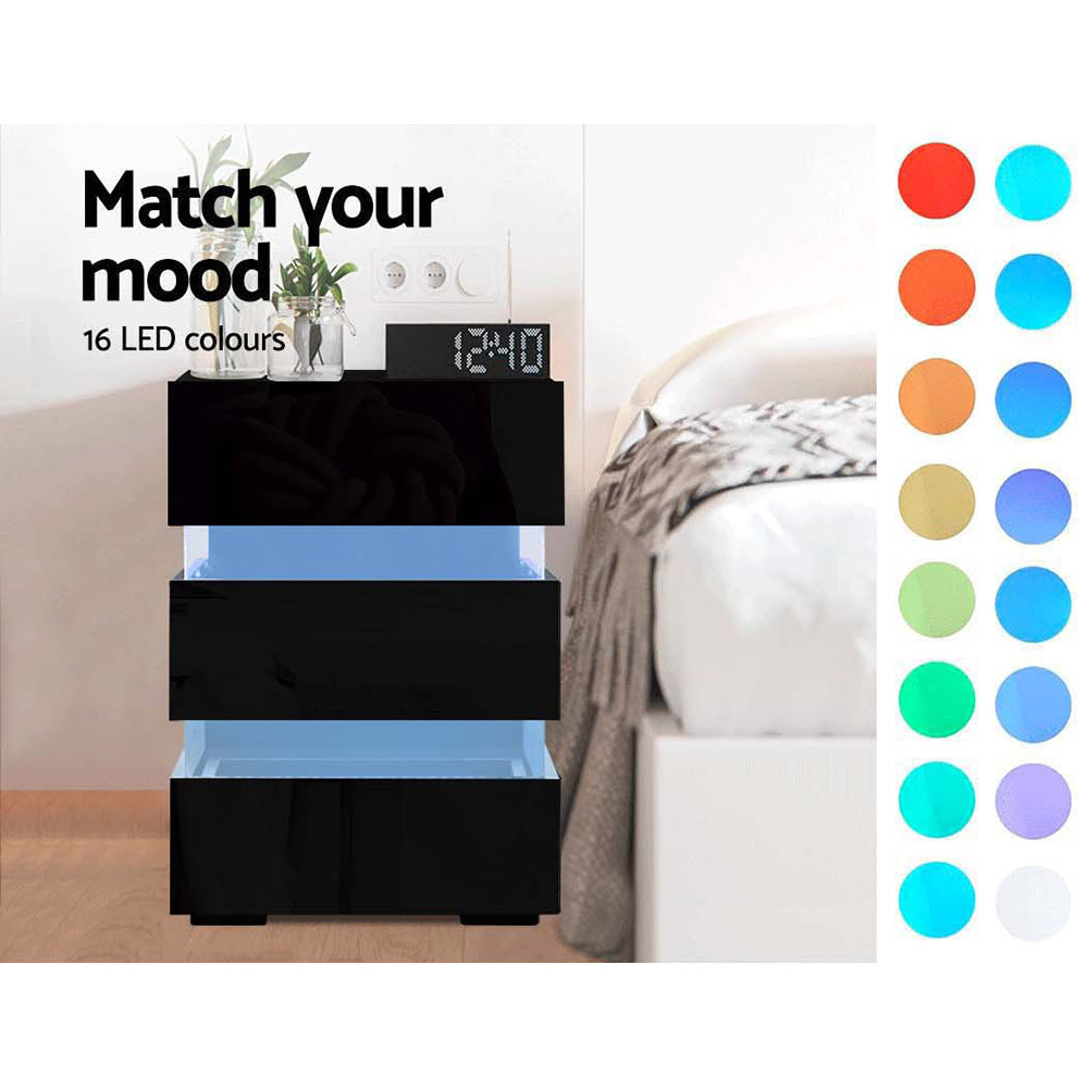 LED Bedside Table - Modern Side Unit With RGB LED Lamp & 3 Drawer Storage