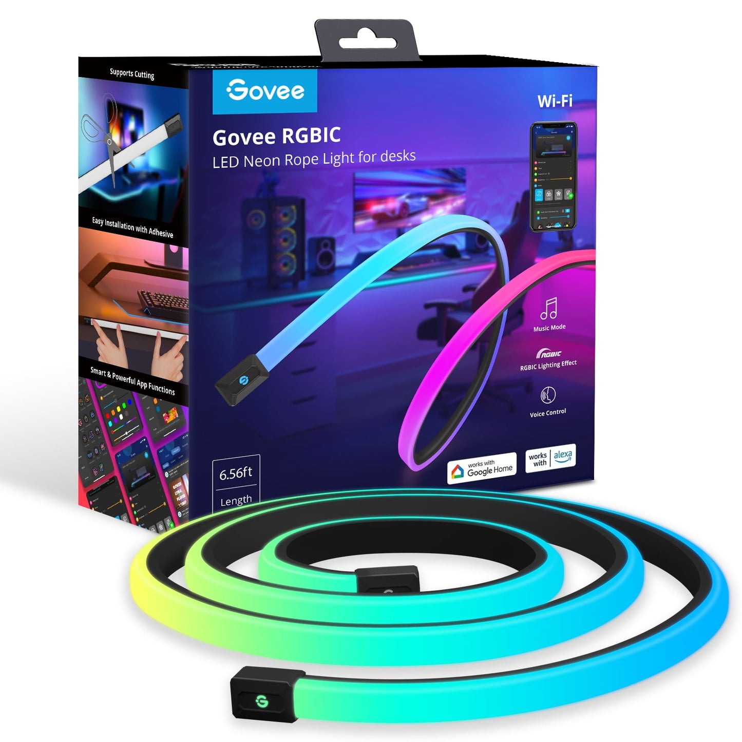 Govee 6.56ft RGBIC LED Neon Rope Light, Color-Changing Smart Light Strip for Desk, Gaming Setup, WiFi + Bluetooth Control