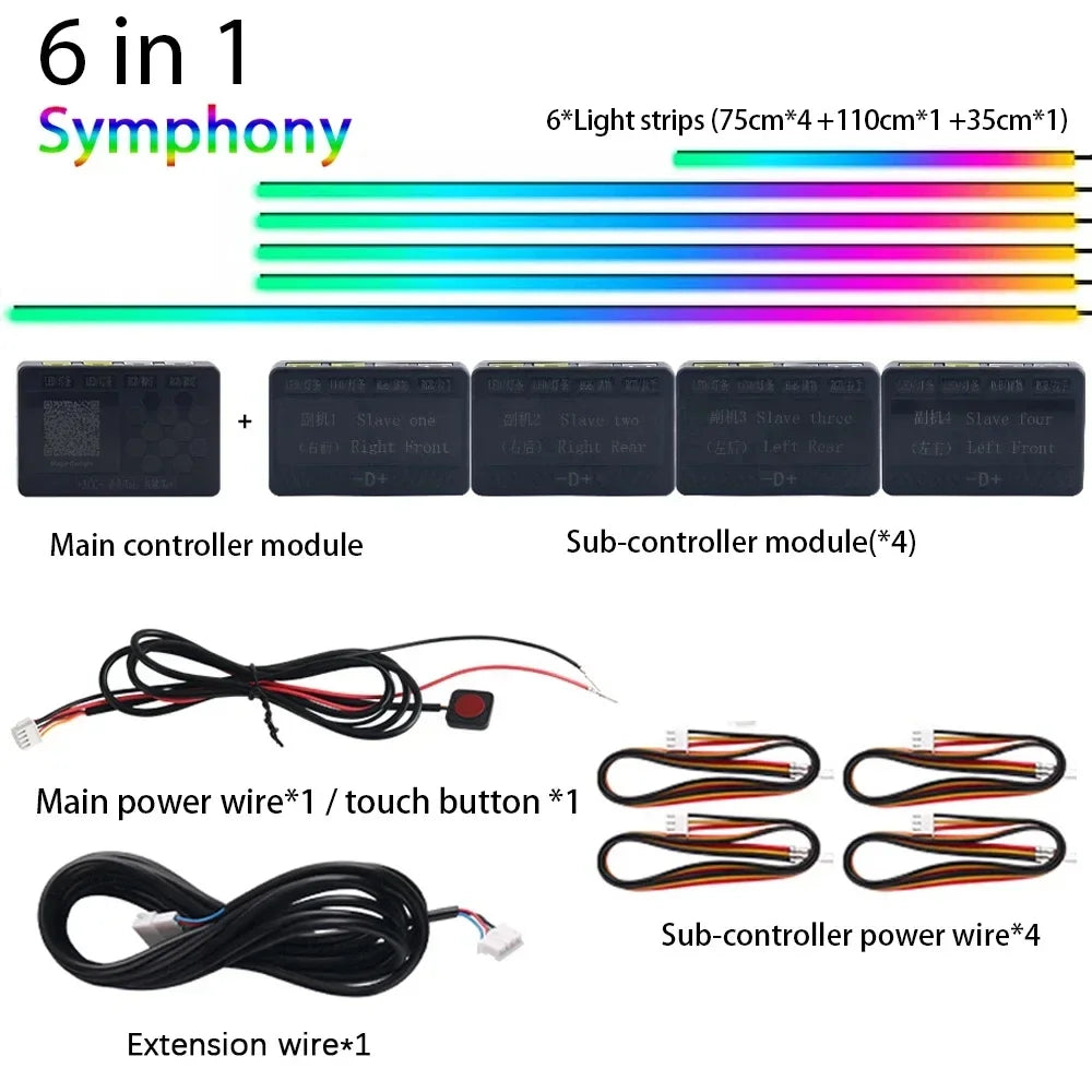 6/18 in 1 Led Acrylic Car Ambient Light RGB 64 213 Color Symphony Acrylic APP Streamer Atmosphere Lamp Kit One Zone Dual Zone