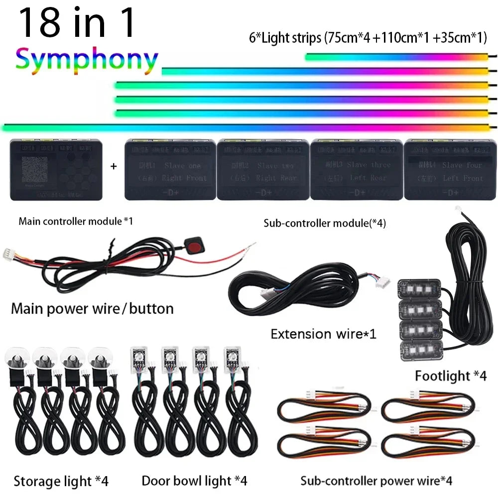 6/18 in 1 Led Acrylic Car Ambient Light RGB 64 213 Color Symphony Acrylic APP Streamer Atmosphere Lamp Kit One Zone Dual Zone