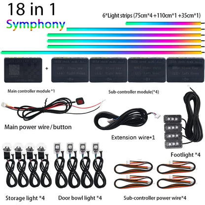 6/18 in 1 Led Acrylic Car Ambient Light RGB 64 213 Color Symphony Acrylic APP Streamer Atmosphere Lamp Kit One Zone Dual Zone