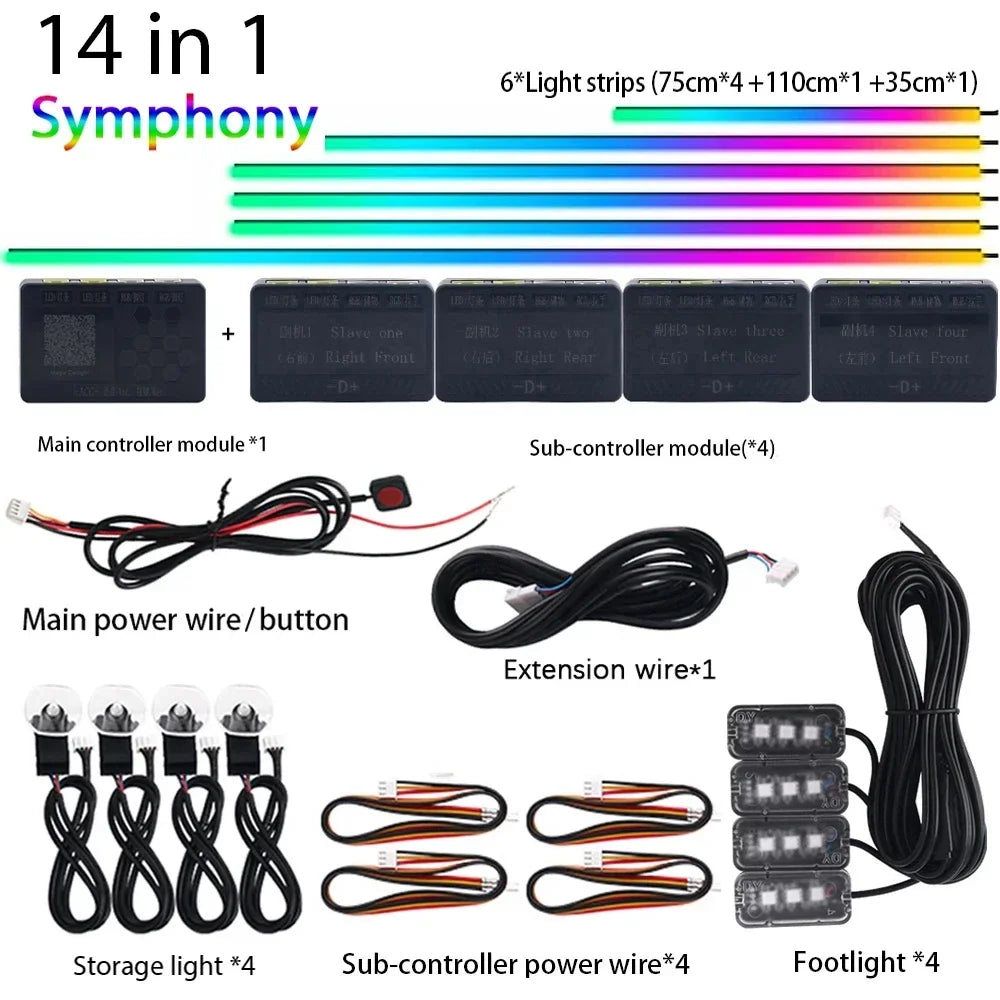 6/18 in 1 Led Acrylic Car Ambient Light RGB 64 213 Color Symphony Acrylic APP Streamer Atmosphere Lamp Kit One Zone Dual Zone
