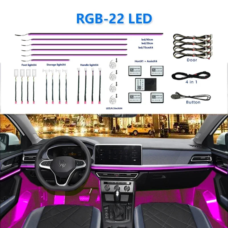 6/18 in 1 Led Acrylic Car Ambient Light RGB 64 213 Color Symphony Acrylic APP Streamer Atmosphere Lamp Kit One Zone Dual Zone