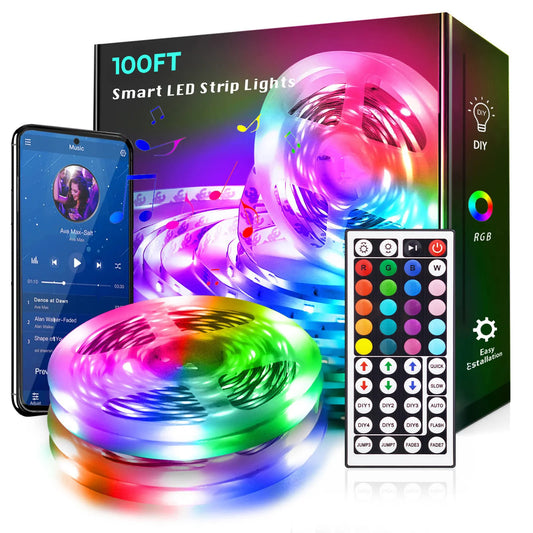 100ft led Strip Lights Tape Lights with Remote Bluetooth Smart App 5050 RGB Color Changing Strip Lighting Bedroom Kitging Decor