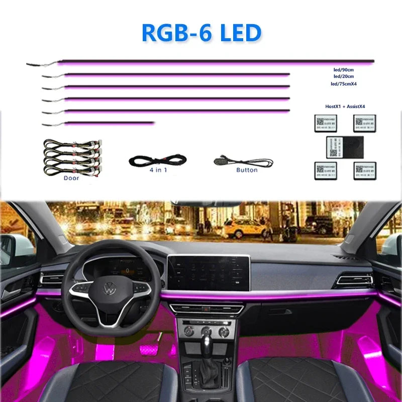 6/18 in 1 Led Acrylic Car Ambient Light RGB 64 213 Color Symphony Acrylic APP Streamer Atmosphere Lamp Kit One Zone Dual Zone