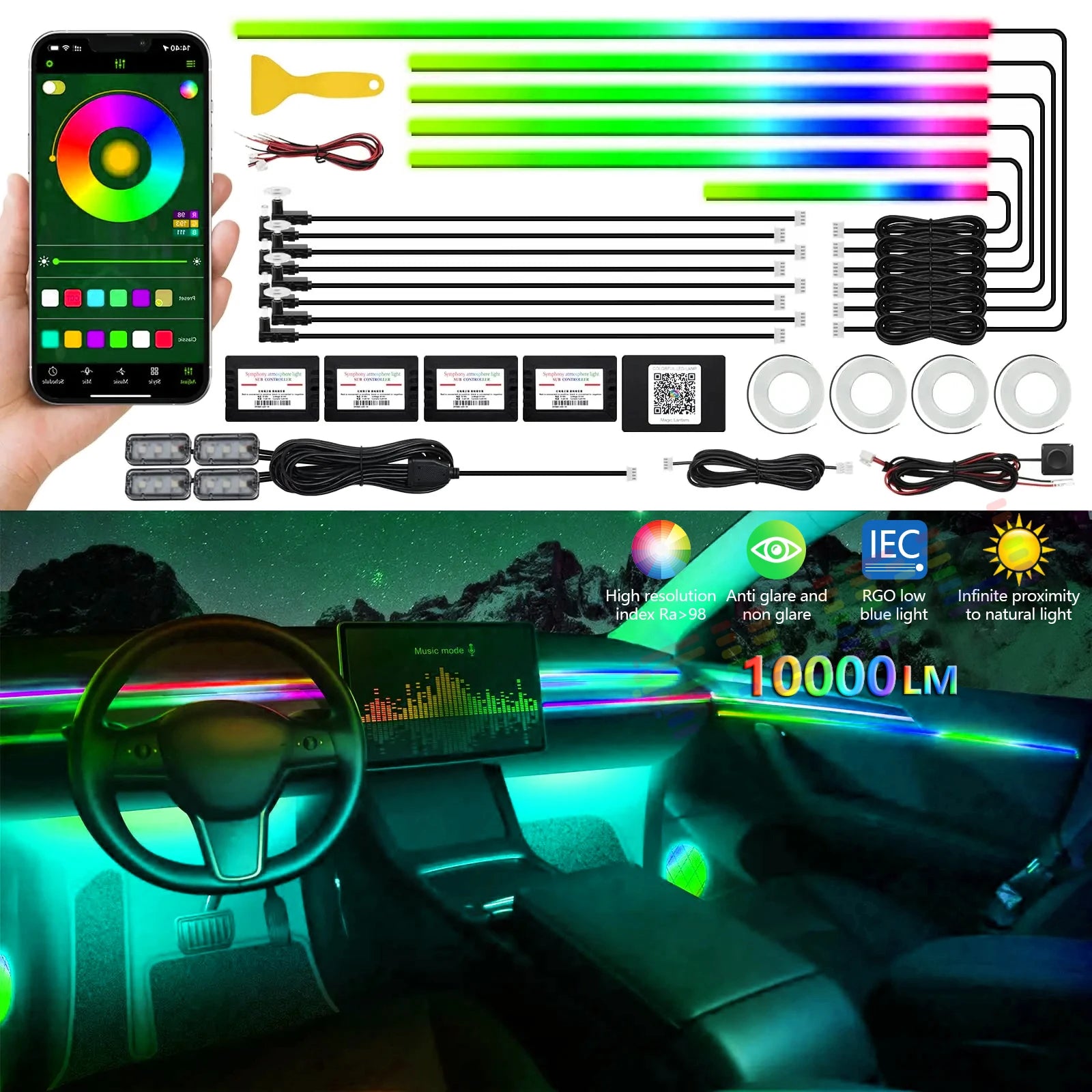 6/18 in 1 Led Acrylic Car Ambient Light RGB 64 213 Color Symphony Acrylic APP Streamer Atmosphere Lamp Kit One Zone Dual Zone