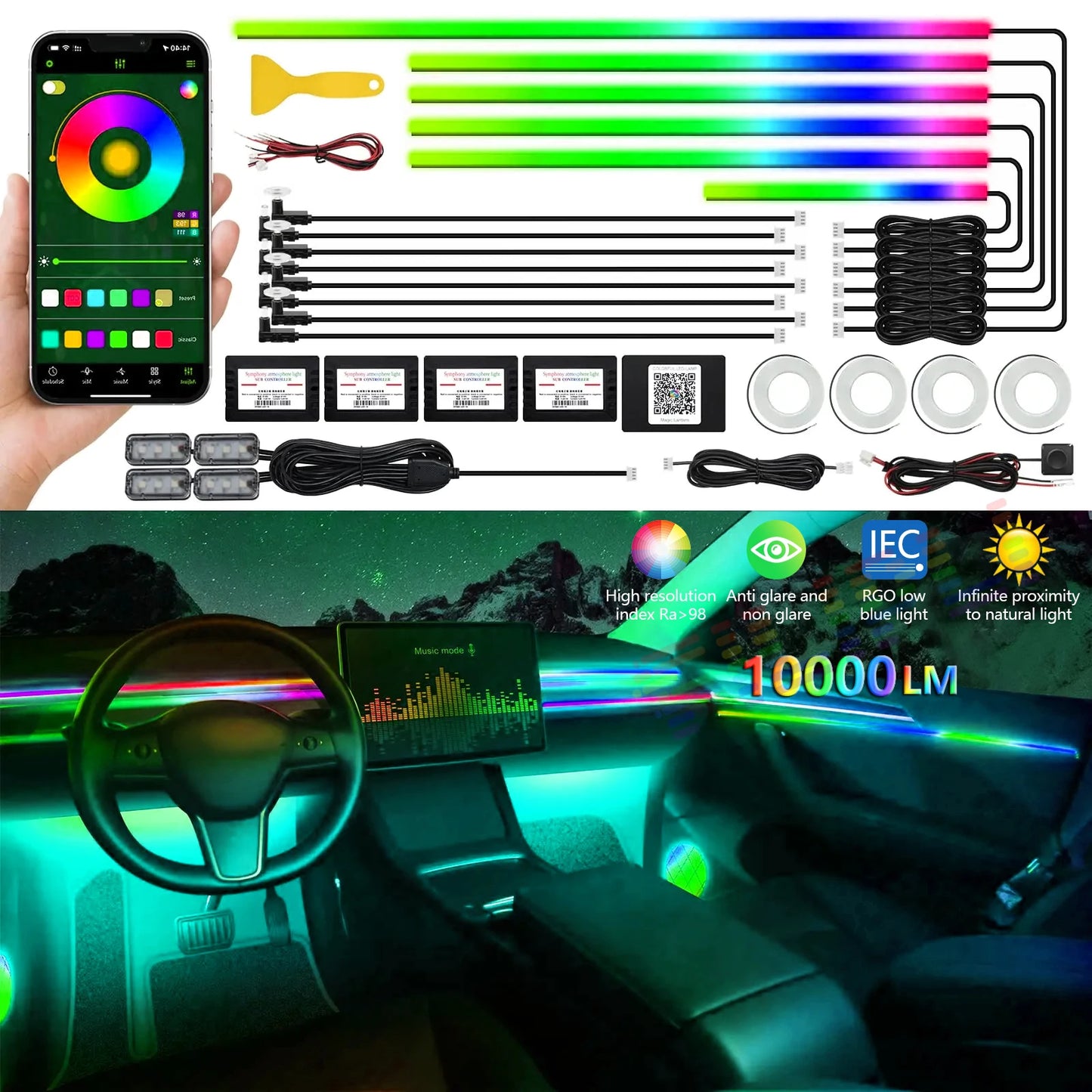 6/18 in 1 Led Acrylic Car Ambient Light RGB 64 213 Color Symphony Acrylic APP Streamer Atmosphere Lamp Kit One Zone Dual Zone