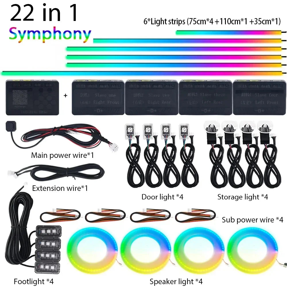 6/18 in 1 Led Acrylic Car Ambient Light RGB 64 213 Color Symphony Acrylic APP Streamer Atmosphere Lamp Kit One Zone Dual Zone