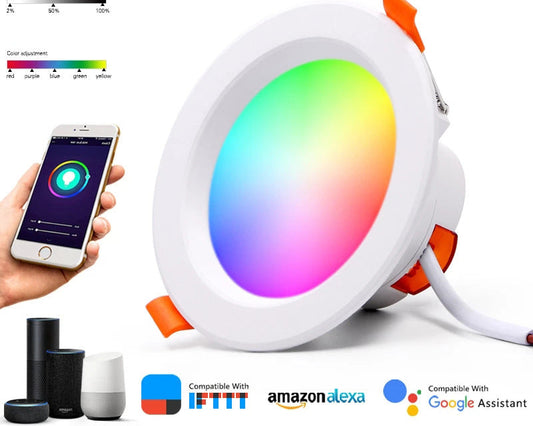 6Pack WiFi Intelligent LED Downlight RGBCW WiFi APP Controlled LED Downlight 3 Inch 5W 120V /220V AC, Dimmable RGBCW 2700-6500K Color Changing, Compatible with Alexa/Google, Ceiling Lights