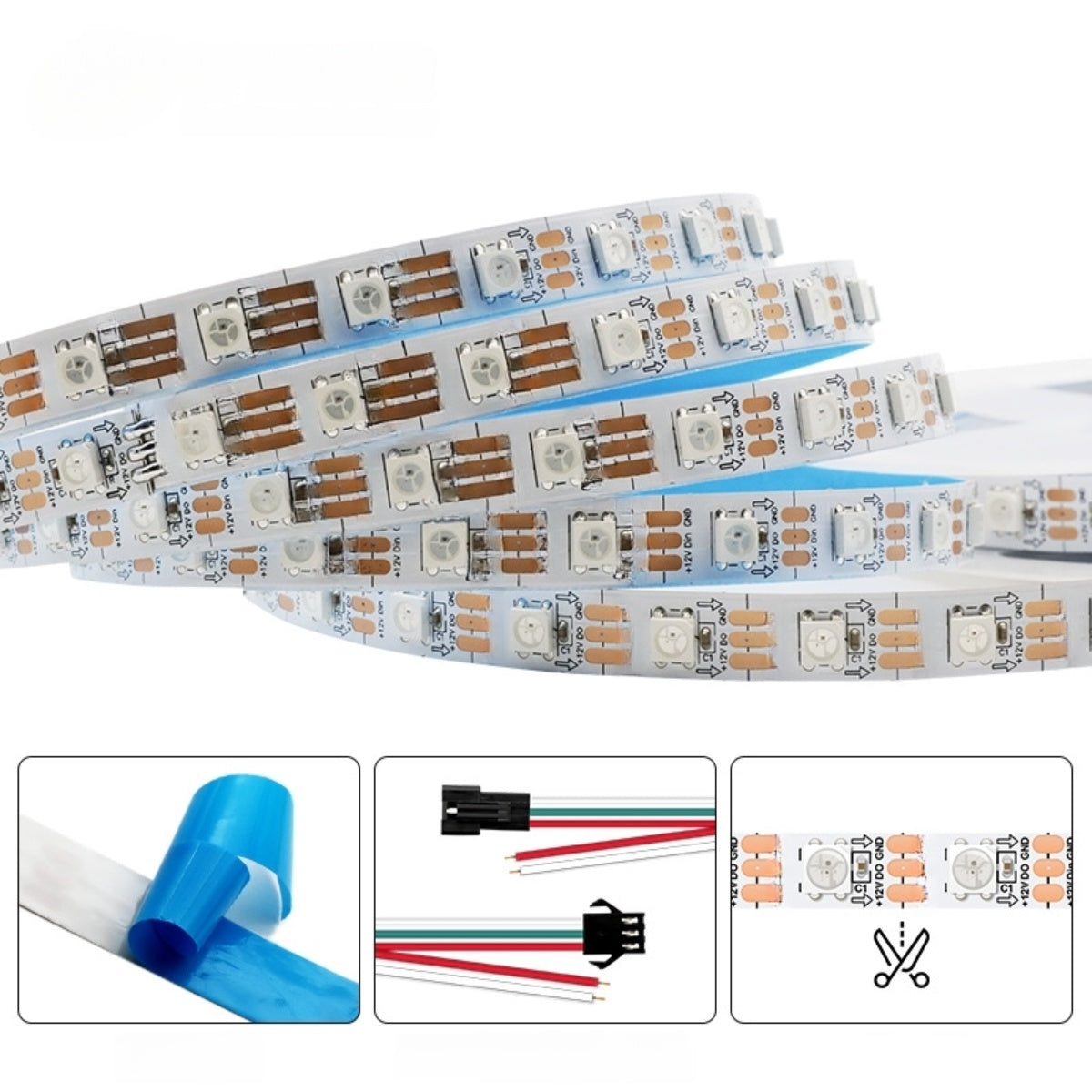 RGBIC LED Strip Light | WS2815 Individually Addressable | Breakpoint Resume | SMD5050 RGB | 60 LEDs/M | 5M (16.4FT) Roll | 12V DC | White/Black PCB | IP00/IP65/IP67 Options | Strip & Kit Packages