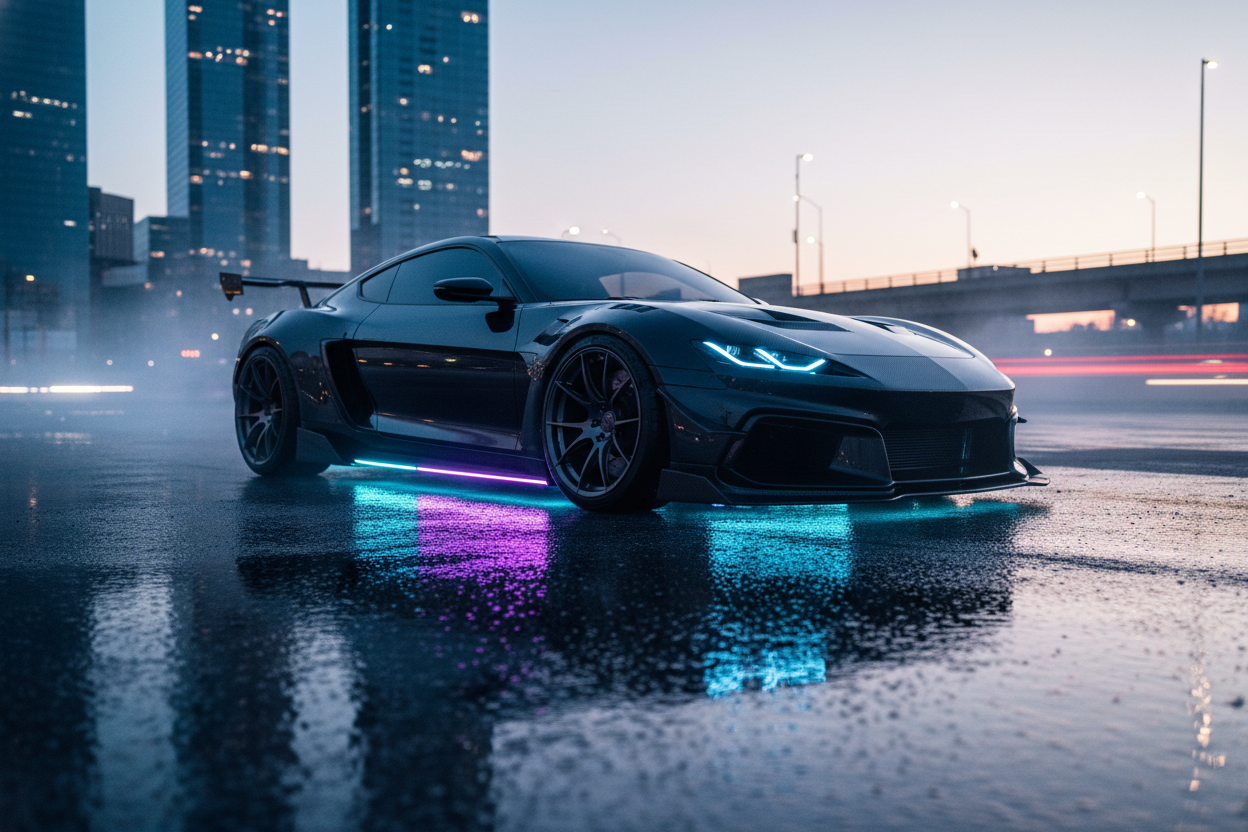 a nice souped up car with lights glowing from under it 