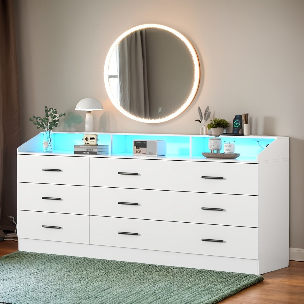 [Home Relaxation] Modern White 9-Drawer Double Dresser with LED Lighting & Power Outlet – Stylish Bedroom and Closet Organizer, Spacious Storage for Home, Perfect for Makeup, Accessories, and Personal Items, Bedroom Organizer | Minimalist Design | Integrated Power Outlet, Bedroom Decor And Accessories, Storage Drawer Units