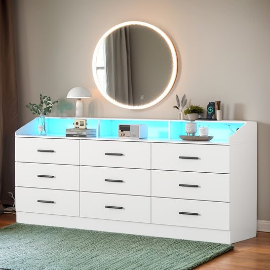 [Home Relaxation] Modern White 9-Drawer Double Dresser with LED Lighting & Power Outlet – Stylish Bedroom and Closet Organizer, Spacious Storage for Home, Perfect for Makeup, Accessories, and Personal Items, Bedroom Organizer | Minimalist Design | Integrated Power Outlet, Bedroom Decor And Accessories, Storage Drawer Units