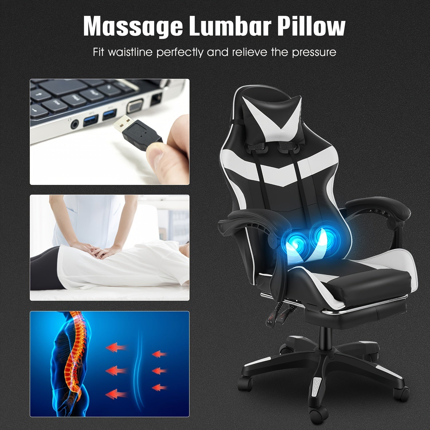 Gaming Chair With Footrest Office Desk Chair Ergonomic Gaming Chair PU Leather Reclining High Back Adjustable Swivel Lumbar Support Racing Style E-Sports Video Gamer Chairs