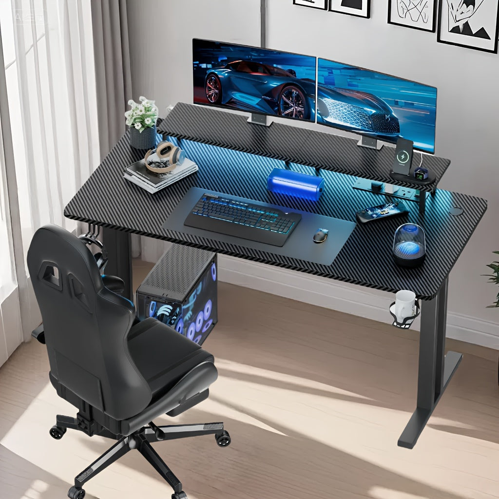 HLFurniNova RGB LED Gaming Desk with Power Outlets And Monitor Stand, Ergonomic Computer Gaming Workstation, Large Carbon Fibre Tabletop Home Office Desk with Cup Holder And Headphone Hook, Black, Gaming Room Accessories, Gaming Room Decor, Workstation Setup, Modern Workstation, Stylish Gaming Table, Premium Workstation, Solid Wood Desk, Streamers, Pc Gamers