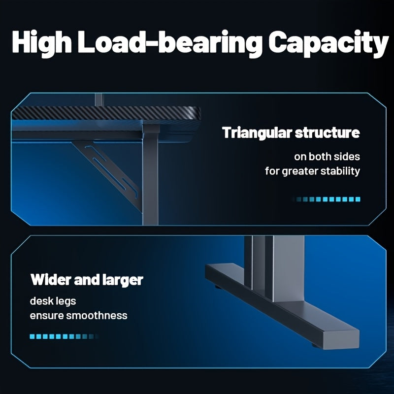 HLFurniNova RGB LED Gaming Desk with Power Outlets And Monitor Stand, Ergonomic Computer Gaming Workstation, Large Carbon Fibre Tabletop Home Office Desk with Cup Holder And Headphone Hook, Black, Gaming Room Accessories, Gaming Room Decor, Workstation Setup, Modern Workstation, Stylish Gaming Table, Premium Workstation, Solid Wood Desk, Streamers, Pc Gamers