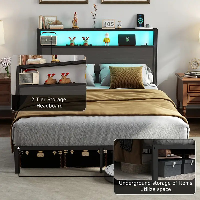Full Queen King Size Bed Frame with Headboard, Metal Platform Bed Frame with LED Lights & Charging Station, Under Bed Storage, Solid And Stable, No Box Spring Needed, Noise Free, Easy Assembly, Dark Grey