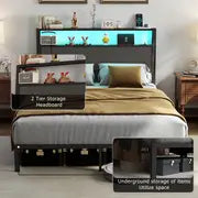 Full Queen King Size Bed Frame with Headboard, Metal Platform Bed Frame with LED Lights & Charging Station, Under Bed Storage, Solid And Stable, No Box Spring Needed, Noise Free, Easy Assembly, Dark Grey