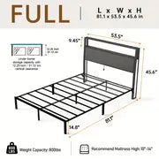 Full Queen King Size Bed Frame with Headboard, Metal Platform Bed Frame with LED Lights & Charging Station, Under Bed Storage, Solid And Stable, No Box Spring Needed, Noise Free, Easy Assembly, Dark Grey