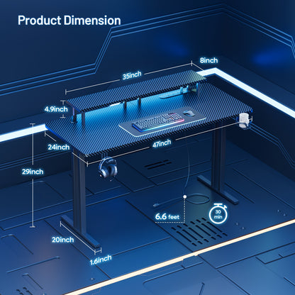 HLFurniNova RGB LED Gaming Desk with Power Outlets And Monitor Stand, Ergonomic Computer Gaming Workstation, Large Carbon Fibre Tabletop Home Office Desk with Cup Holder And Headphone Hook, Black, Gaming Room Accessories, Gaming Room Decor, Workstation Setup, Modern Workstation, Stylish Gaming Table, Premium Workstation, Solid Wood Desk, Streamers, Pc Gamers