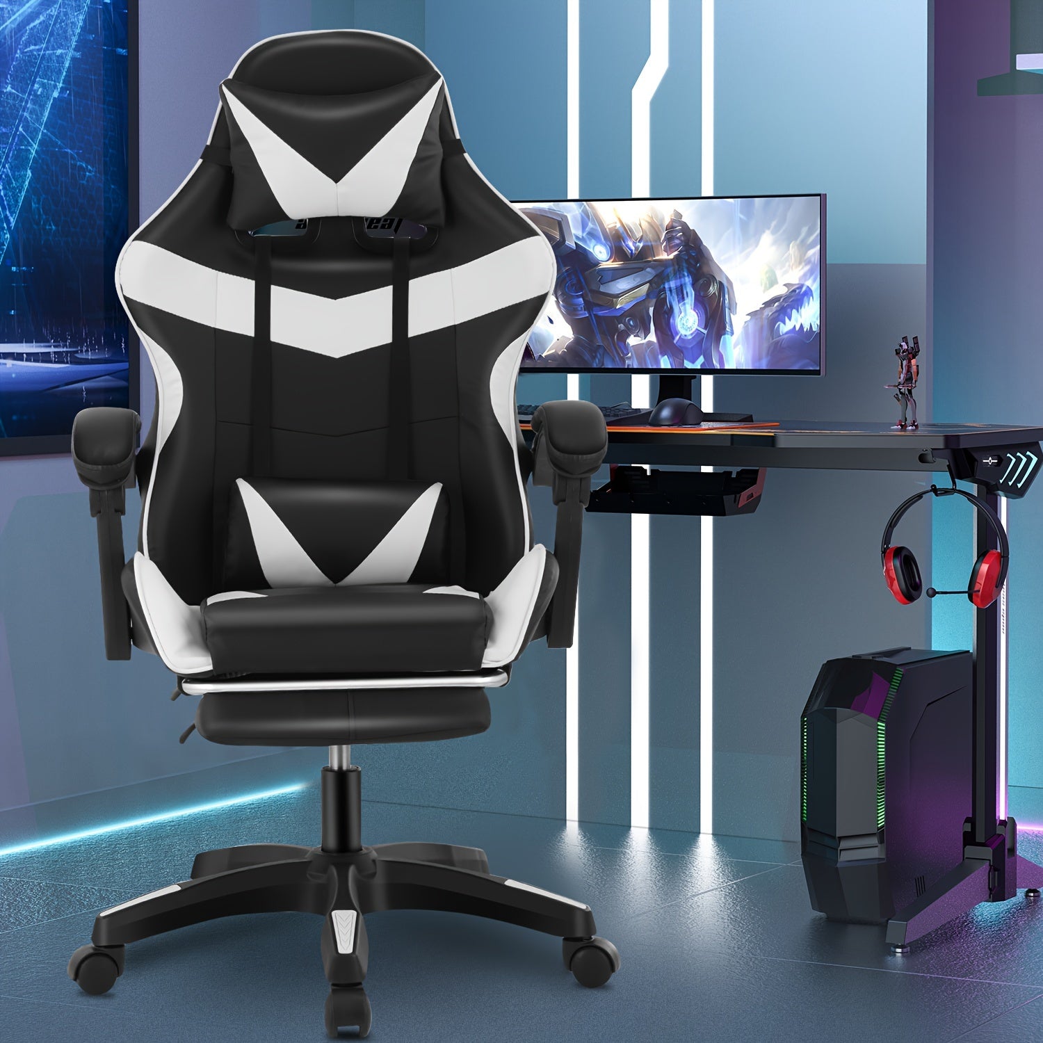 Gaming Chair With Footrest Office Desk Chair Ergonomic Gaming Chair PU Leather Reclining High Back Adjustable Swivel Lumbar Support Racing Style E-Sports Video Gamer Chairs