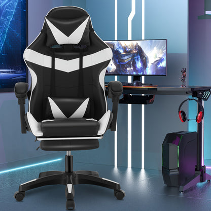 Gaming Chair With Footrest Office Desk Chair Ergonomic Gaming Chair PU Leather Reclining High Back Adjustable Swivel Lumbar Support Racing Style E-Sports Video Gamer Chairs