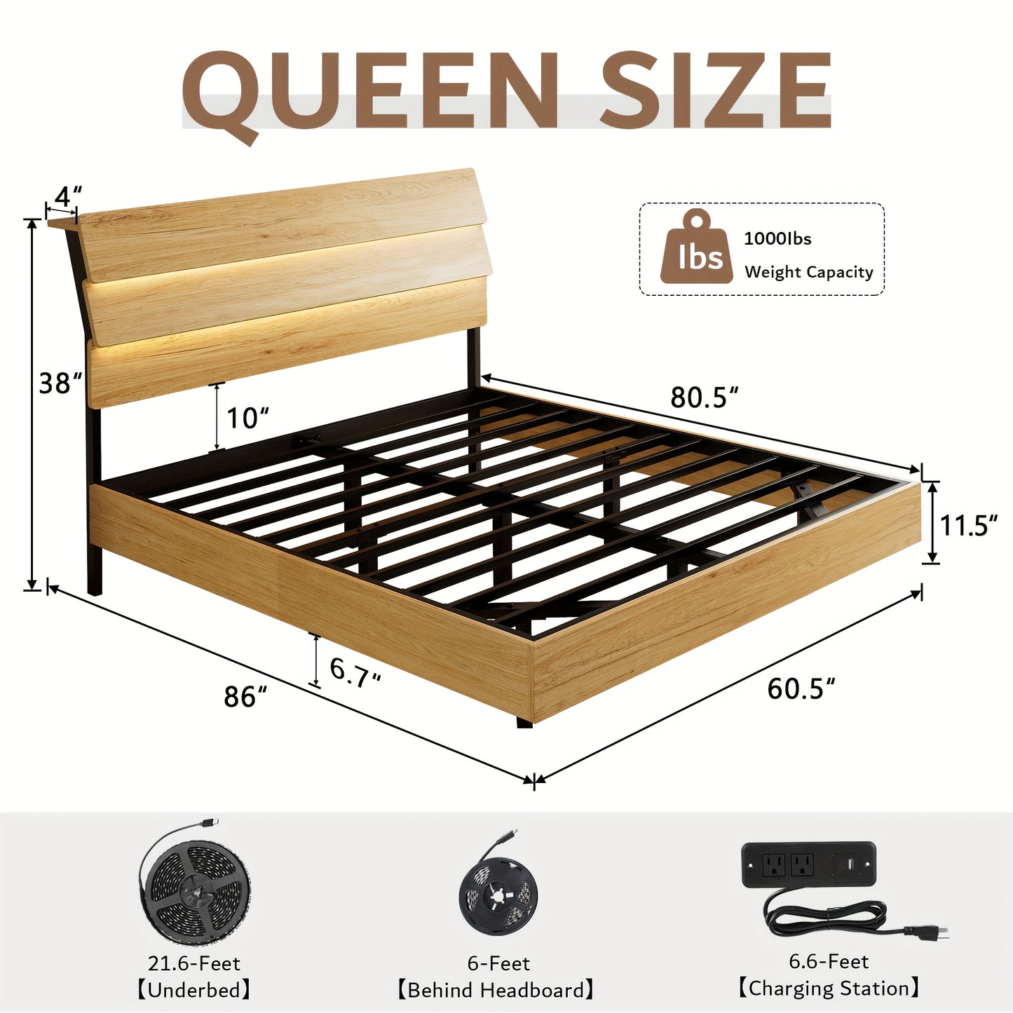 Valnase Floating Bed Frame With LED Lights, With Built-In Charging Station Storage Wooden Headboard, Heavy-Duty Metal Support, Easy Assembly