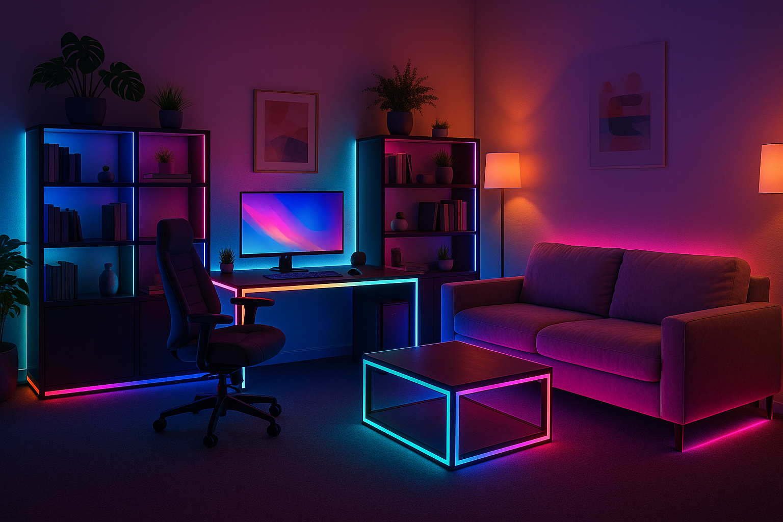 an office that has rgb lights on all of the furniture and a comfy looking space