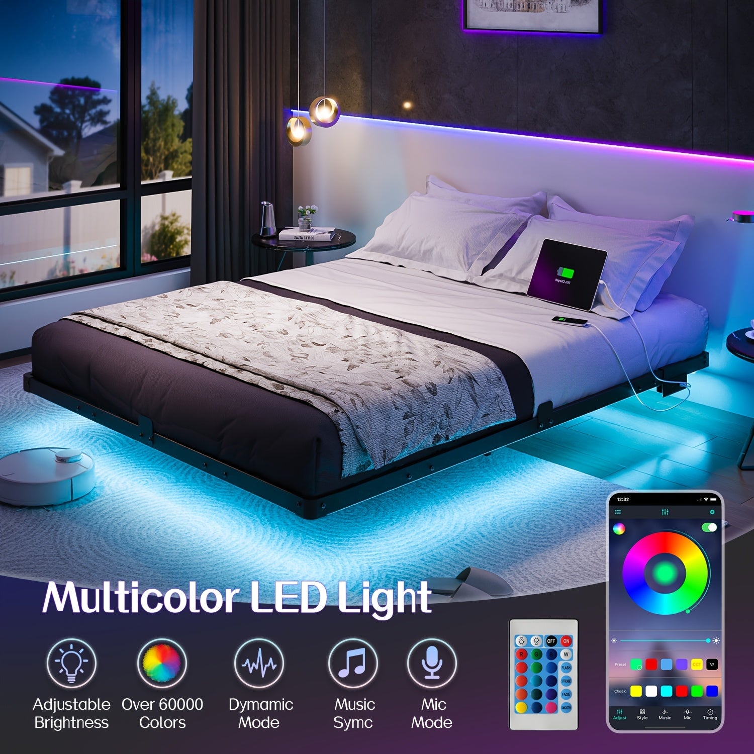 Dayago Queen Size Floating Bed Frame with USB Charging Station & Blue LED - Heavy-Duty Metal Platform Bed, No Box Spring Needed, Low-Profile Modern Bed Frame for Queen Beds, Easy Assembly ( Plug)