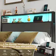 Full Queen King Size Bed Frame with Headboard, Metal Platform Bed Frame with LED Lights & Charging Station, Under Bed Storage, Solid And Stable, No Box Spring Needed, Noise Free, Easy Assembly, Dark Grey