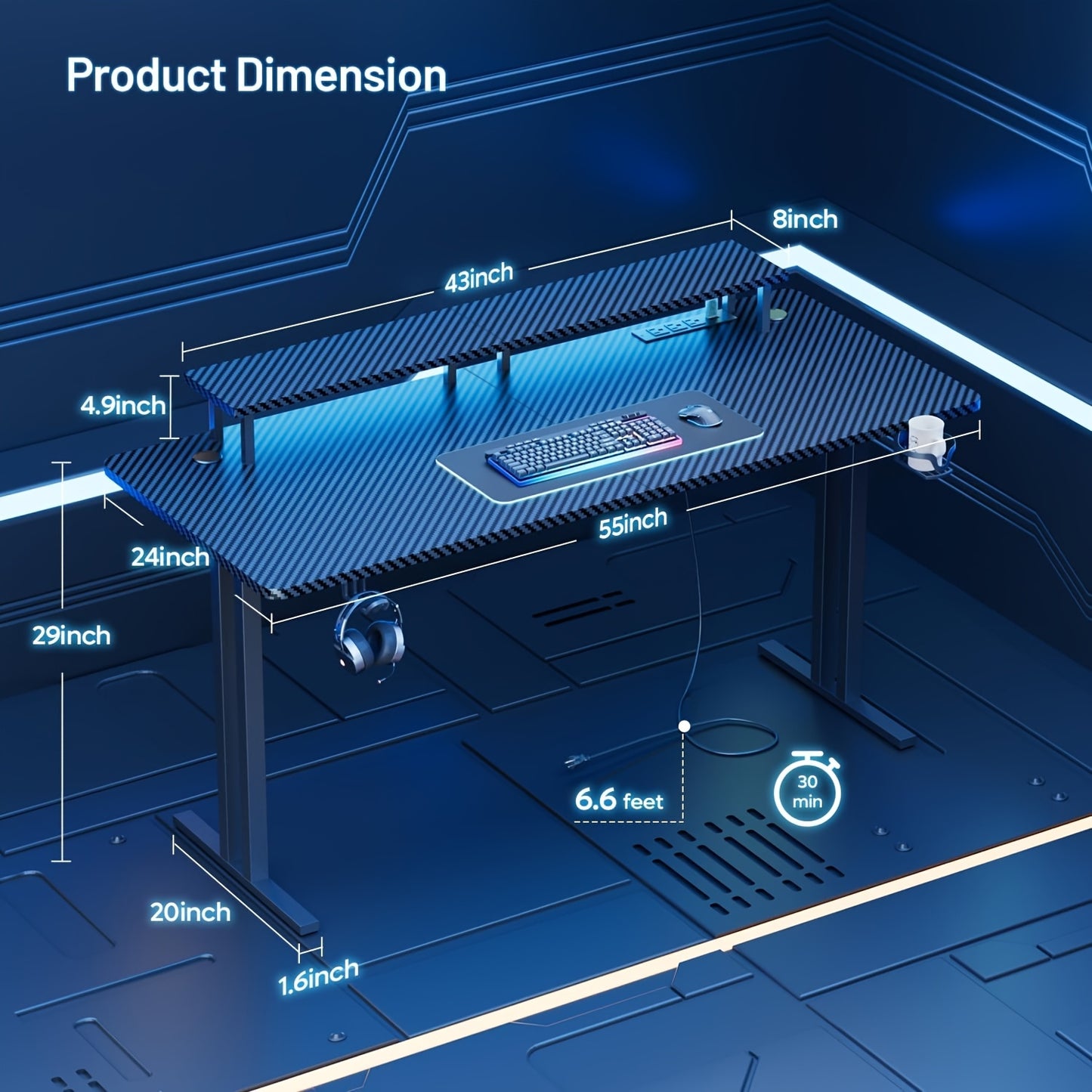 HLFurniNova RGB LED Gaming Desk with Power Outlets And Monitor Stand, Ergonomic Computer Gaming Workstation, Large Carbon Fibre Tabletop Home Office Desk with Cup Holder And Headphone Hook, Black, Gaming Room Accessories, Gaming Room Decor, Workstation Setup, Modern Workstation, Stylish Gaming Table, Premium Workstation, Solid Wood Desk, Streamers, Pc Gamers