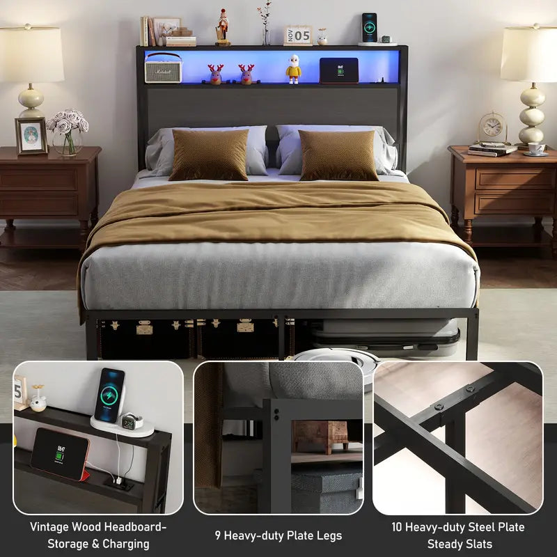 Full Queen King Size Bed Frame with Headboard, Metal Platform Bed Frame with LED Lights & Charging Station, Under Bed Storage, Solid And Stable, No Box Spring Needed, Noise Free, Easy Assembly, Dark Grey