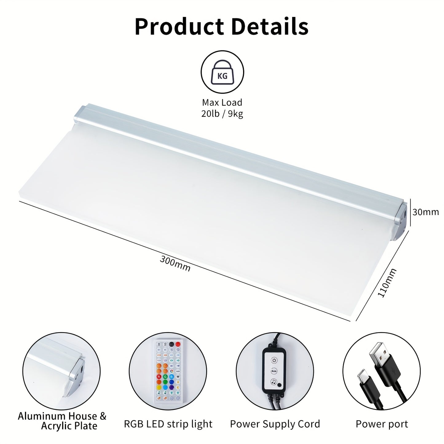 LED RGB SMART Floating Shelf Light, Work with App And Remote Control,, Aluminum Wall Mounted Acrylic Holding Plate Emitting Shelves for Living Room, Gaming Room, Bathroom Bedroom, 2sets, Can Support Upto 20lbs, Smart Home Storage, Remotecontrolled Shelf, Sleek Wall Shelf, Contemporary Design, Aluminum Construction, Highquality Acrylic, Adjustable Shelving, Iot Shelf Light, Home Organizers, Gamers Setup