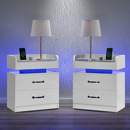 Halloween Decoration Nightstand With Charging Station, Night Stand With LED Lights, Modern Led End Table Nightstand For Bedroom, Night Stand With 2 Drawers, Bed Side Table With Storage For Living Room, White/Black/Grey